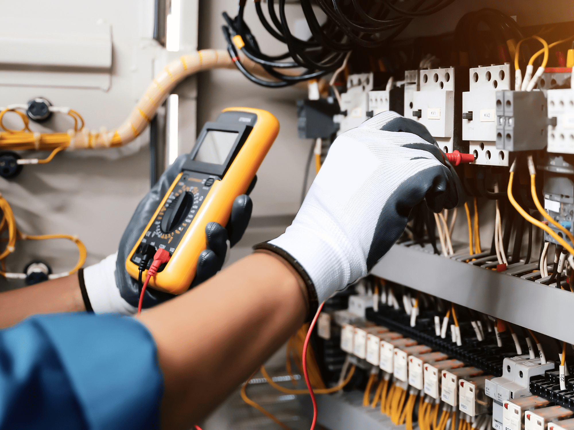 Electrical Person Wearing Safety Gloves Testing Wires