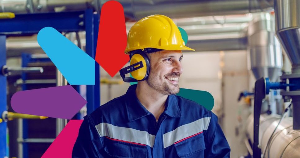 Man In A Hard Hat Holding A Tablet In Front Of Pipes ECITB Logo Behind Aspect Ratio 760 400