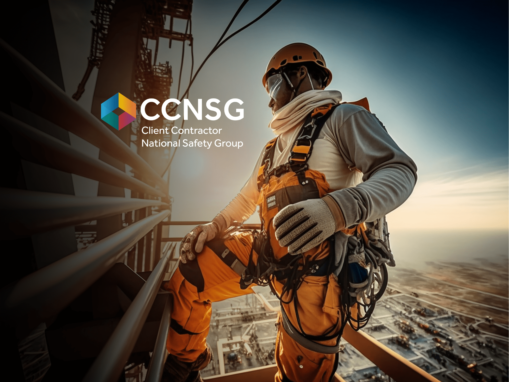 CCNSG Person Wearing A Hard Hat Working At Height With CCNSG Logo