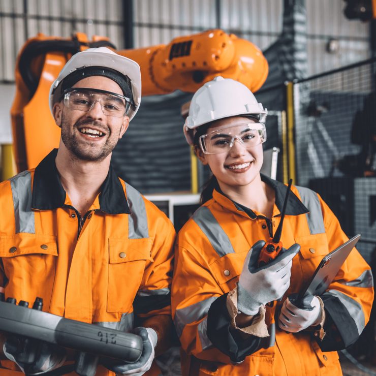 Man And Woman Smiling Worker In Safety Suit Staff Worker In Automated Technology Manufacturing Industry. AdobeStock 599192616 Scaled Aspect Ratio 740 740